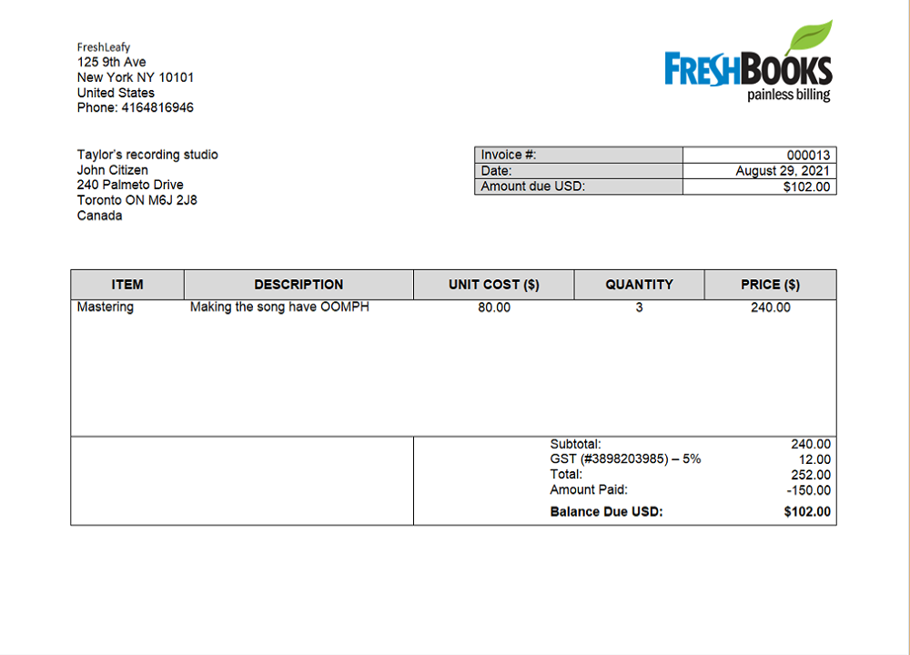 USA FreshBooks Company invoice PSD template